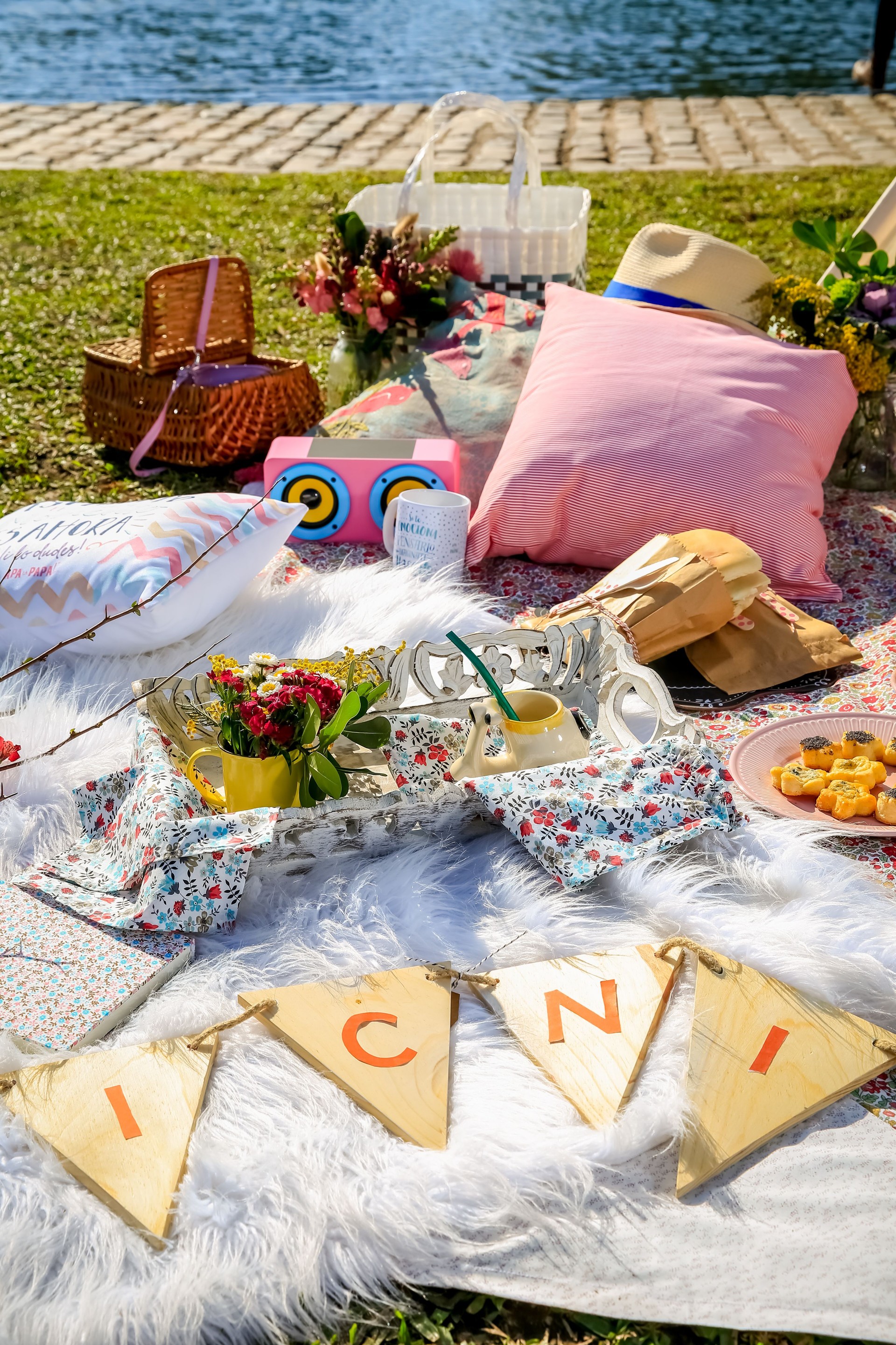 Pique-nique sur tapis avec oreillers et nourriture dans le parc.