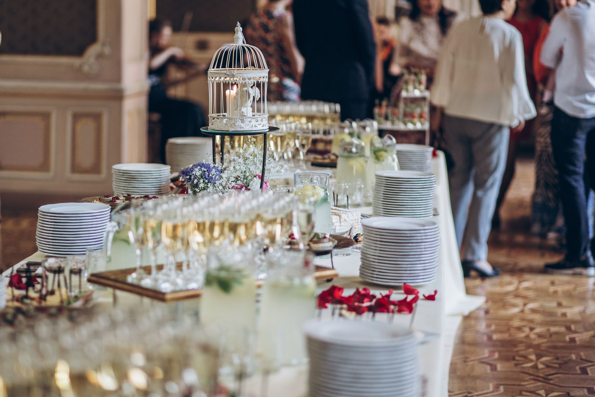 élégant oiseau cage décor et champagne verres, amuse-gueules de nourriture sur la table à la réception de mariage. restauration de luxe et de la disposition lors des célébrations. servant de la nourriture et boissons lors d’événements